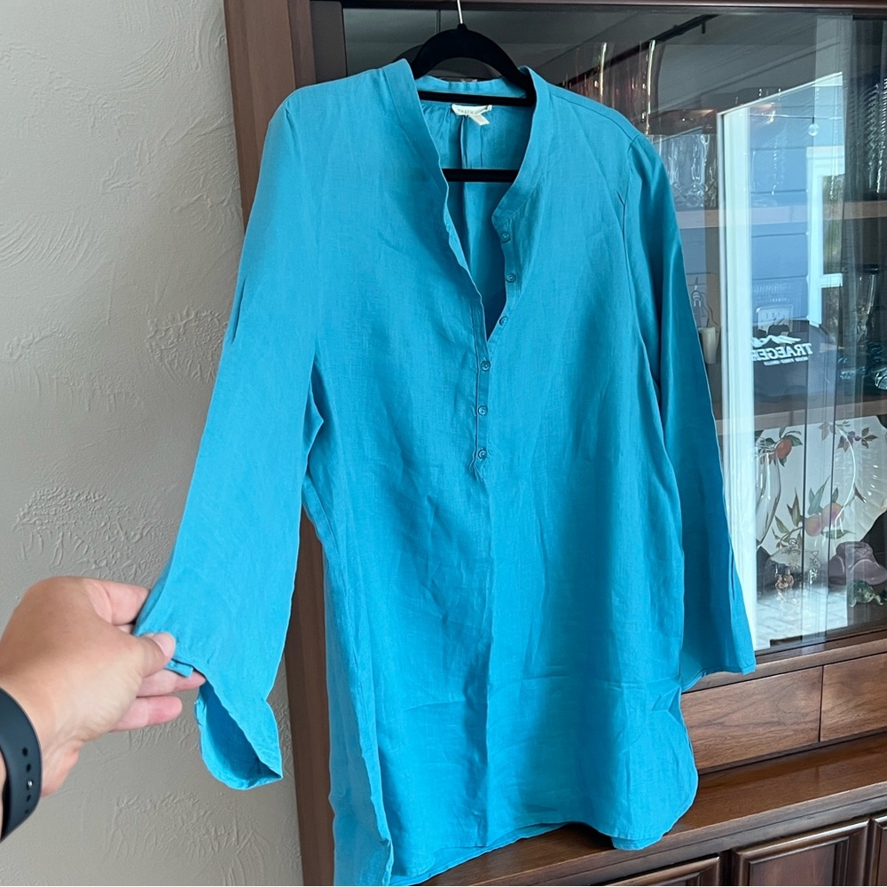 Eileen Fisher Teal Tunic Linen Henley Top 100% Organic Irish Linen